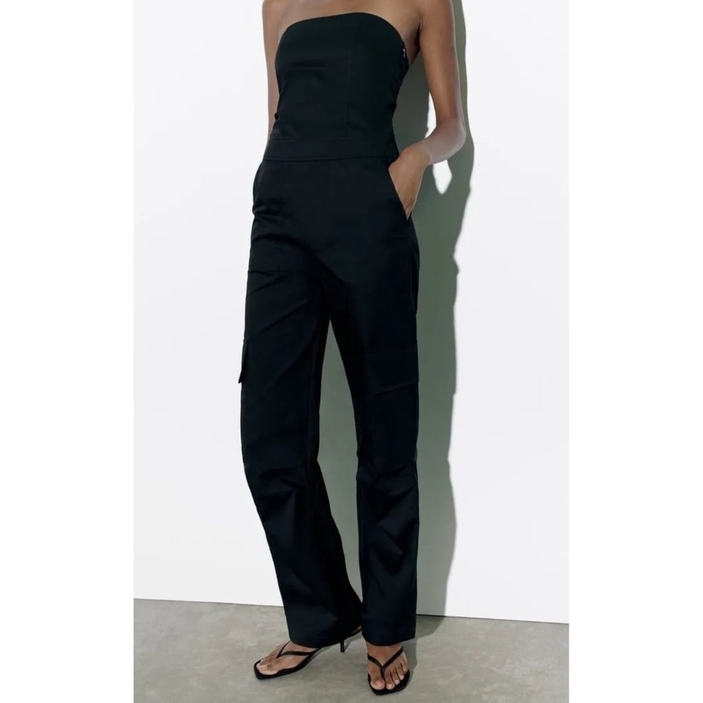 Zara Black Strapless Cargo Cotton Utility Tube Top‎ Jumpsuit Women's XS